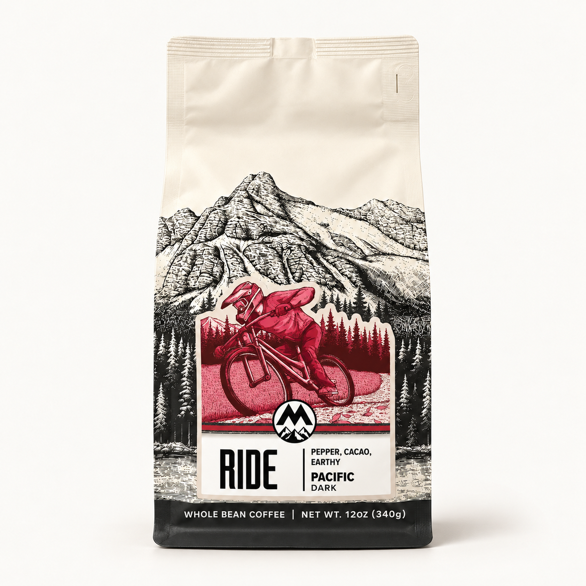 A 12 oz bag of Ride Coffee, Pacific Dark, featuring a black and white mountain illustration with a red graphic of a cyclist in the center, set against a plain white background.